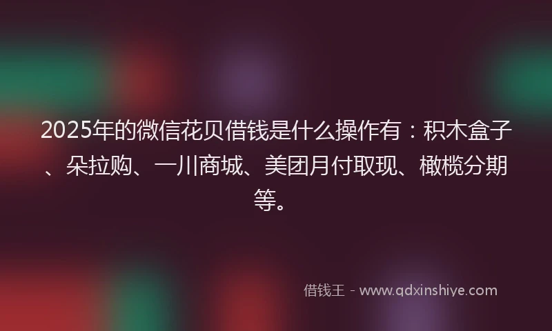 2025年的微信花贝借钱是什么操作有：积木盒子、朵拉购、一川商城、美团月付取现、橄榄分期等。