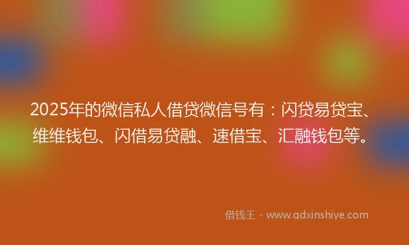2025年的微信私人借贷微信号有：闪贷易贷宝、维维钱包、闪借易贷融、速借宝、汇融钱包等。