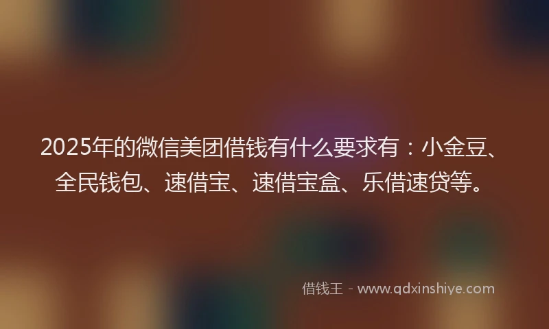 2025年的微信美团借钱有什么要求有：小金豆、全民钱包、速借宝、速借宝盒、乐借速贷等。