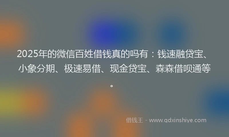 2025年的微信百姓借钱真的吗有：钱速融贷宝、小象分期、极速易借、现金贷宝、森森借呗通等。