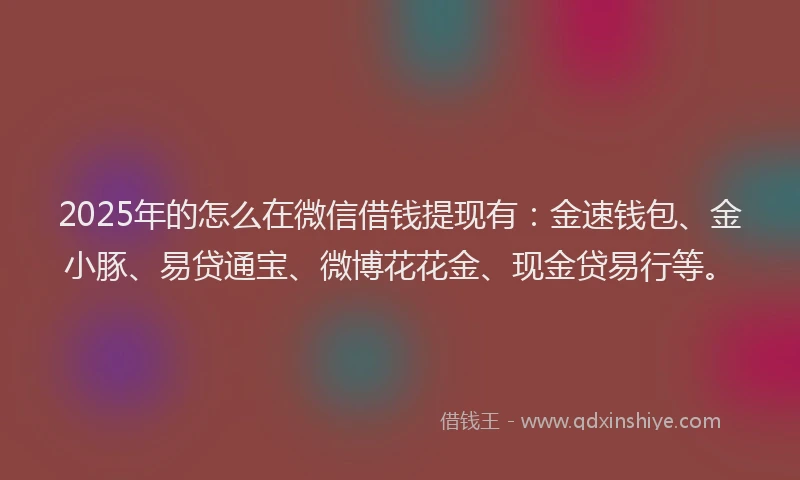 2025年的怎么在微信借钱提现有：金速钱包、金小豚、易贷通宝、微博花花金、现金贷易行等。