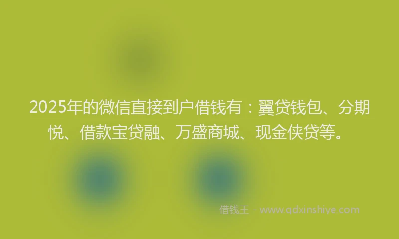 2025年的微信直接到户借钱有：翼贷钱包、分期悦、借款宝贷融、万盛商城、现金侠贷等。