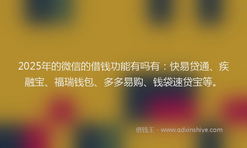2025年的微信的借钱功能有吗有：快易贷通、疾融宝、福瑞钱包、多多易购、钱袋速贷宝等。