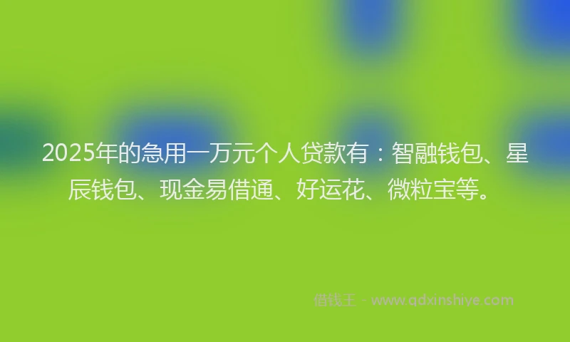 2025年的急用一万元个人贷款有：智融钱包、星辰钱包、现金易借通、好运花、微粒宝等。