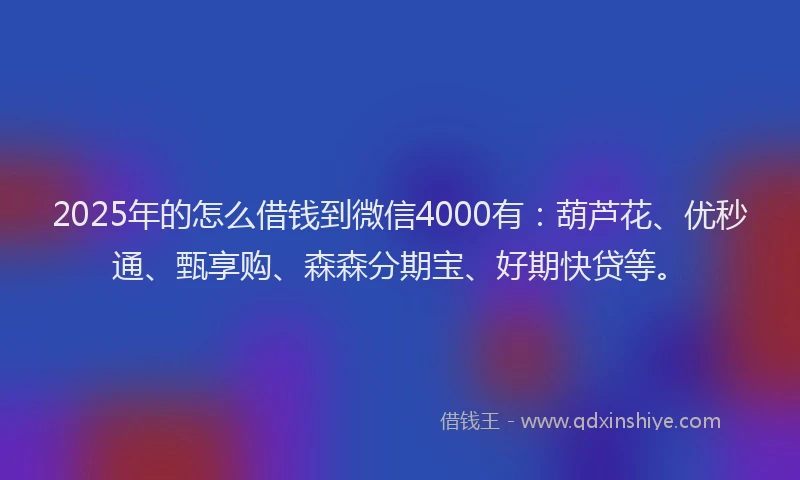 2025年的怎么借钱到微信4000有：葫芦花、优秒通、甄享购、森森分期宝、好期快贷等。