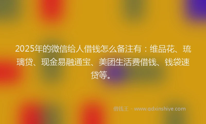 2025年的微信给人借钱怎么备注有：维品花、琉璃贷、现金易融通宝、美团生活费借钱、钱袋速贷等。