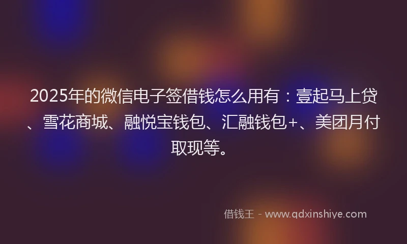 2025年的微信电子签借钱怎么用有：壹起马上贷、雪花商城、融悦宝钱包、汇融钱包+、美团月付取现等。
