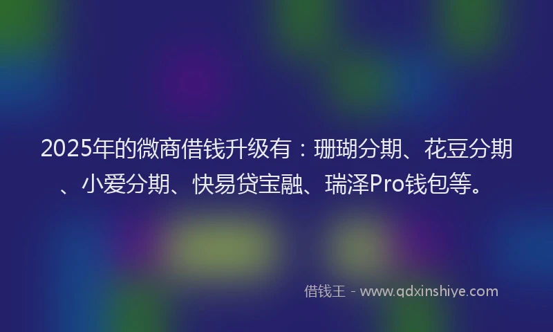 2025年的微商借钱升级有：珊瑚分期、花豆分期、小爱分期、快易贷宝融、瑞泽Pro钱包等。