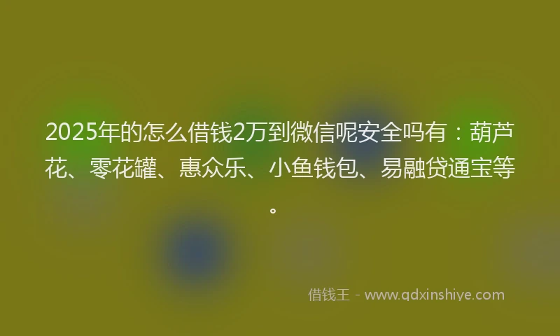 2025年的怎么借钱2万到微信呢安全吗有：葫芦花、零花罐、惠众乐、小鱼钱包、易融贷通宝等。