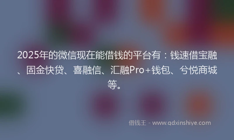 2025年的微信现在能借钱的平台有：钱速借宝融、固金快贷、喜融信、汇融Pro+钱包、兮悦商城等。
