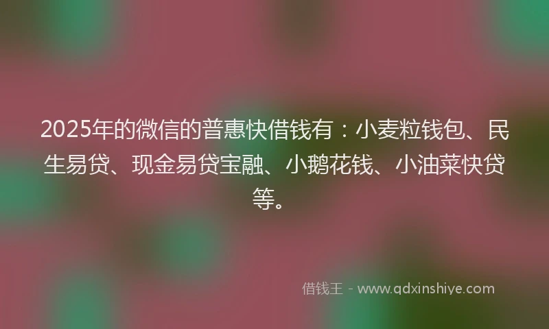 2025年的微信的普惠快借钱有：小麦粒钱包、民生易贷、现金易贷宝融、小鹅花钱、小油菜快贷等。