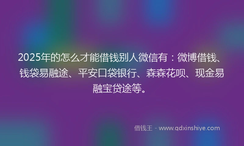 2025年的怎么才能借钱别人微信有：微博借钱、钱袋易融途、平安口袋银行、森森花呗、现金易融宝贷途等。
