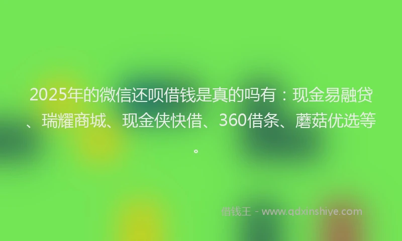 2025年的微信还呗借钱是真的吗有：现金易融贷、瑞耀商城、现金侠快借、360借条、蘑菇优选等。