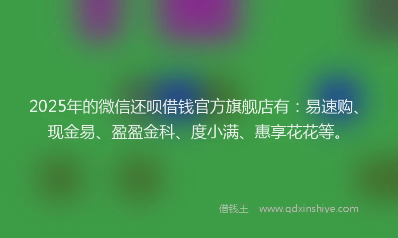 2025年的微信还呗借钱官方旗舰店有：易速购、现金易、盈盈金科、度小满、惠享花花等。