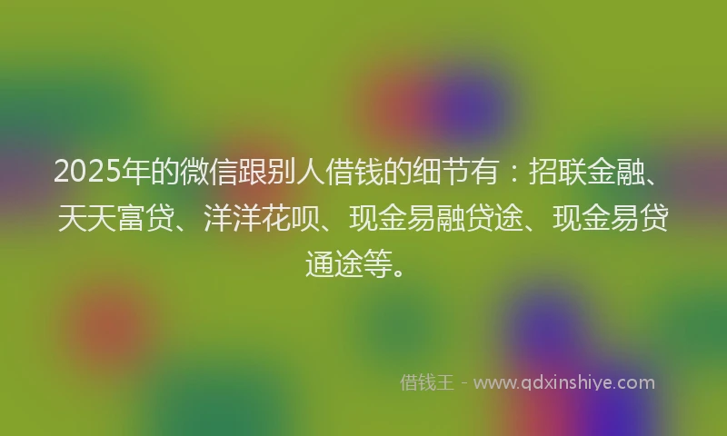 2025年的微信跟别人借钱的细节有：招联金融、天天富贷、洋洋花呗、现金易融贷途、现金易贷通途等。