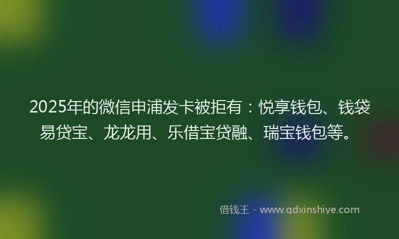 2025年的微信申浦发卡被拒有：悦享钱包、钱袋易贷宝、龙龙用、乐借宝贷融、瑞宝钱包等。