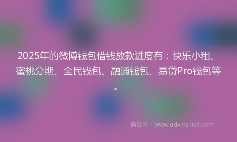 2025年的微博钱包借钱放款进度有：快乐小租、蜜桃分期、全民钱包、融通钱包、易贷Pro钱包等。
