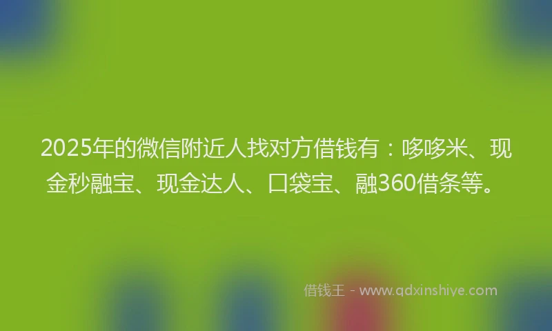 2025年的微信附近人找对方借钱有：哆哆米、现金秒融宝、现金达人、口袋宝、融360借条等。