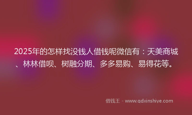 2025年的怎样找没钱人借钱呢微信有：天美商城、林林借呗、树融分期、多多易购、易得花等。