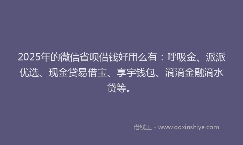 2025年的微信省呗借钱好用么有：呼吸金、派派优选、现金贷易借宝、享宇钱包、滴滴金融滴水贷等。