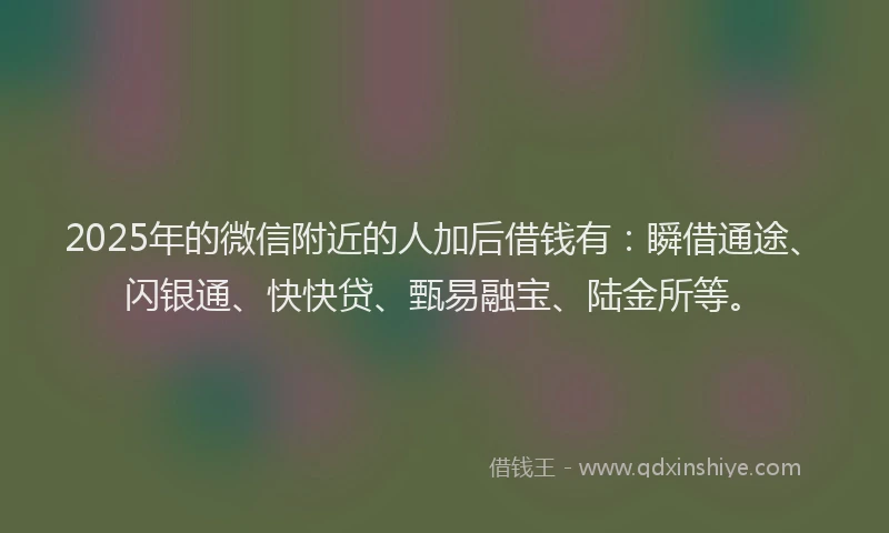 2025年的微信附近的人加后借钱有：瞬借通途、闪银通、快快贷、甄易融宝、陆金所等。