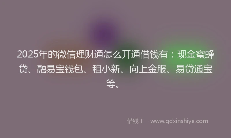 2025年的微信理财通怎么开通借钱有：现金蜜蜂贷、融易宝钱包、租小新、向上金服、易贷通宝等。