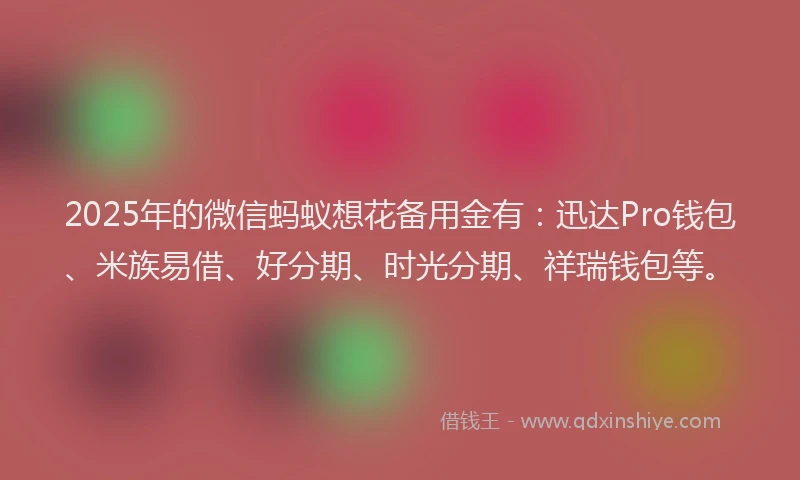 2025年的微信蚂蚁想花备用金有：迅达Pro钱包、米族易借、好分期、时光分期、祥瑞钱包等。