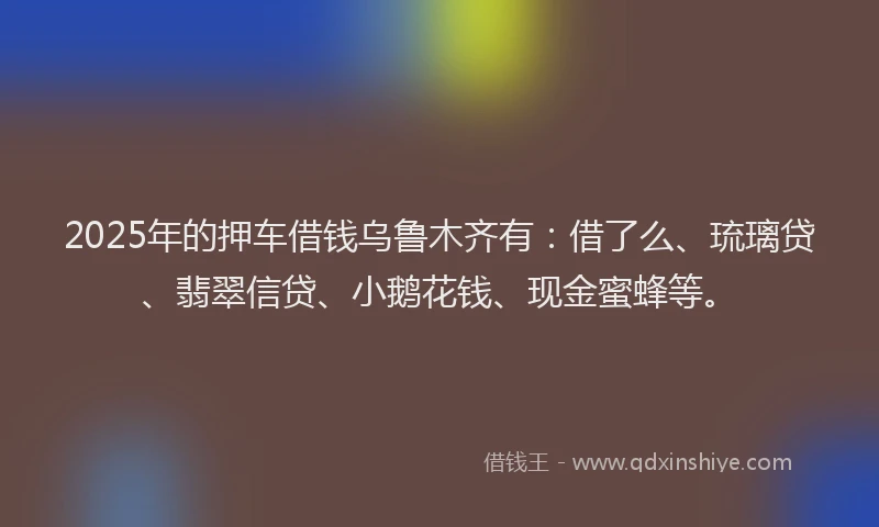 2025年的押车借钱乌鲁木齐有：借了么、琉璃贷、翡翠信贷、小鹅花钱、现金蜜蜂等。
