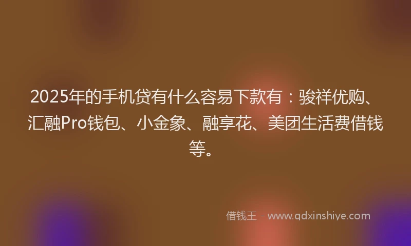 2025年的手机贷有什么容易下款有：骏祥优购、汇融Pro钱包、小金象、融享花、美团生活费借钱等。