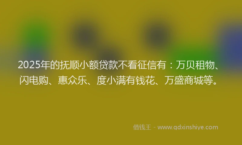 2025年的抚顺小额贷款不看征信有：万贝租物、闪电购、惠众乐、度小满有钱花、万盛商城等。