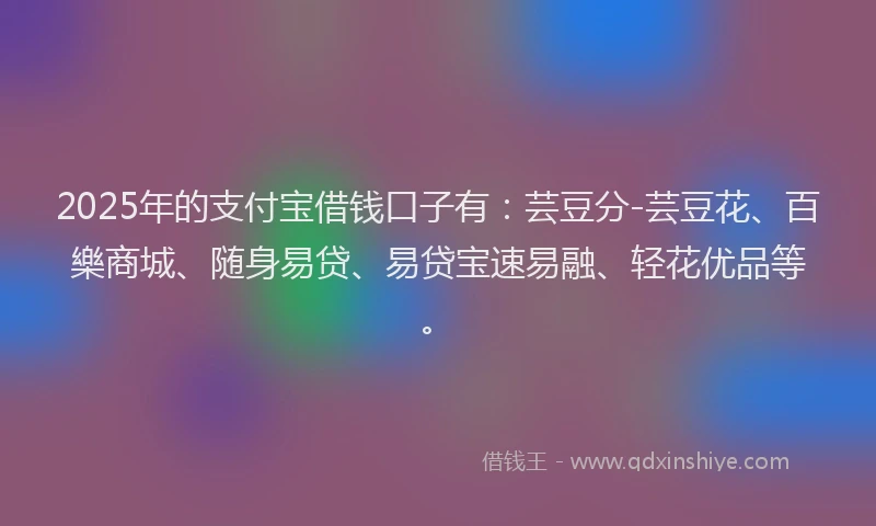 2025年的支付宝借钱口子有：芸豆分-芸豆花、百樂商城、随身易贷、易贷宝速易融、轻花优品等。