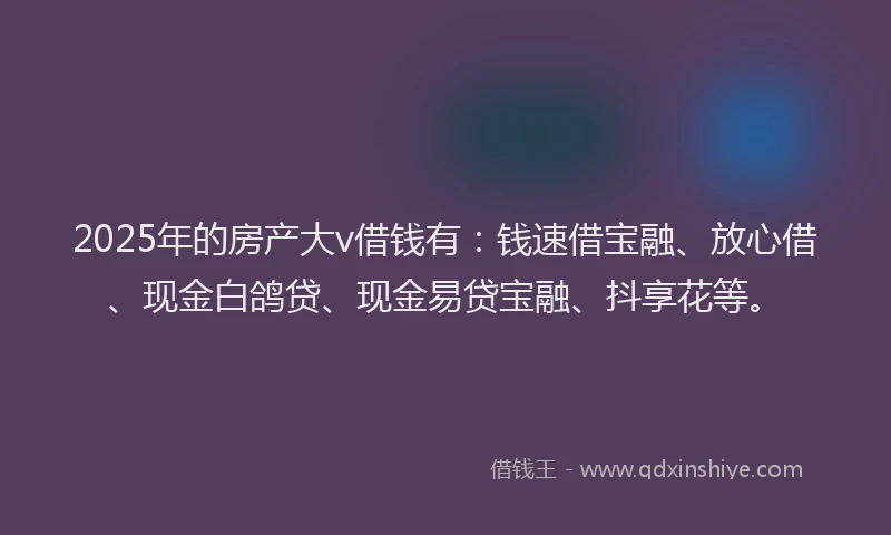 2025年的房产大v借钱有：钱速借宝融、放心借、现金白鸽贷、现金易贷宝融、抖享花等。