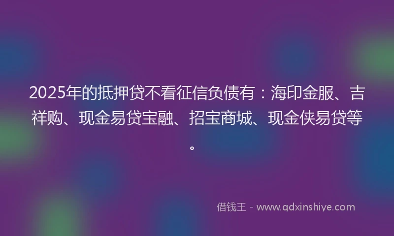 2025年的抵押贷不看征信负债有：海印金服、吉祥购、现金易贷宝融、招宝商城、现金侠易贷等。