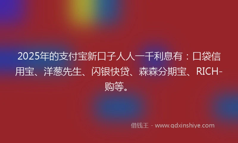2025年的支付宝新口子人人一千利息有：口袋信用宝、洋葱先生、闪银快贷、森森分期宝、RICH-购等。