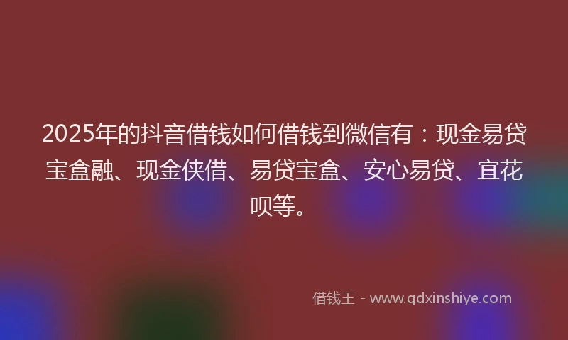2025年的抖音借钱如何借钱到微信有：现金易贷宝盒融、现金侠借、易贷宝盒、安心易贷、宜花呗等。