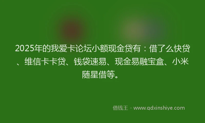2025年的我爱卡论坛小额现金贷有：借了么快贷、维信卡卡贷、钱袋速易、现金易融宝盒、小米随星借等。
