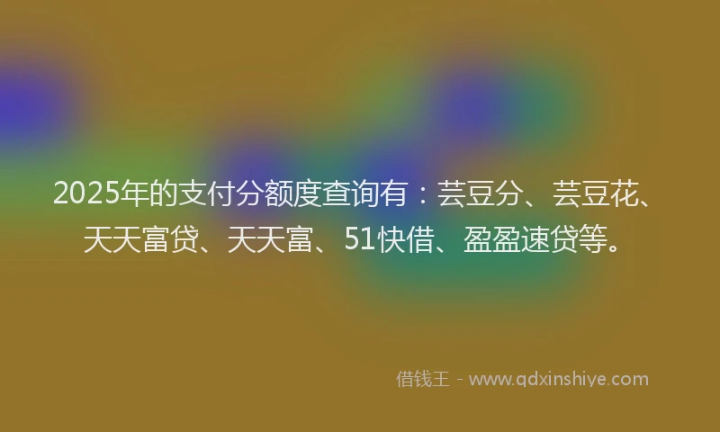 2025年的支付分额度查询有：芸豆分、芸豆花、天天富贷、天天富、51快借、盈盈速贷等。