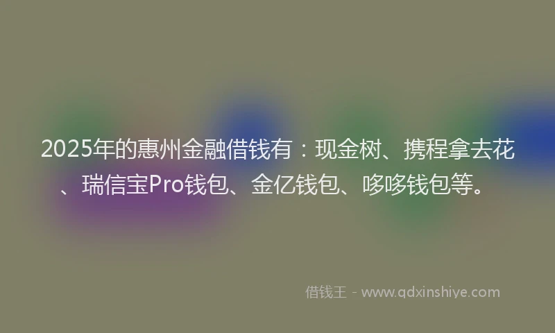2025年的惠州金融借钱有：现金树、携程拿去花、瑞信宝Pro钱包、金亿钱包、哆哆钱包等。