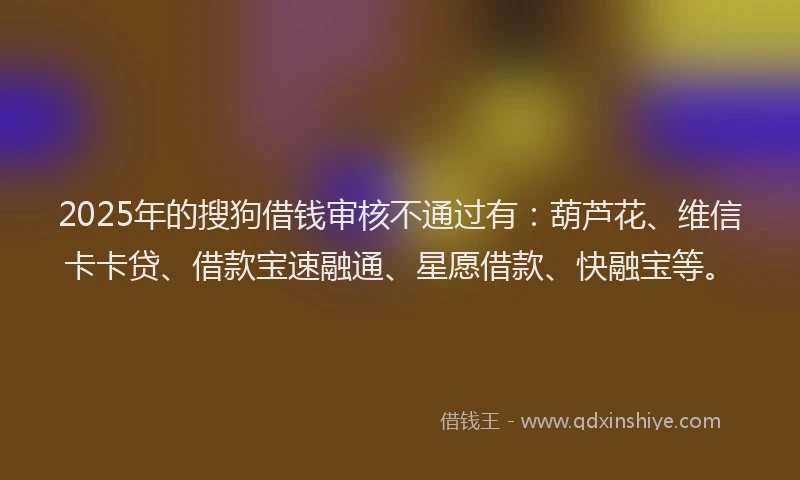 2025年的搜狗借钱审核不通过有：葫芦花、维信卡卡贷、借款宝速融通、星愿借款、快融宝等。