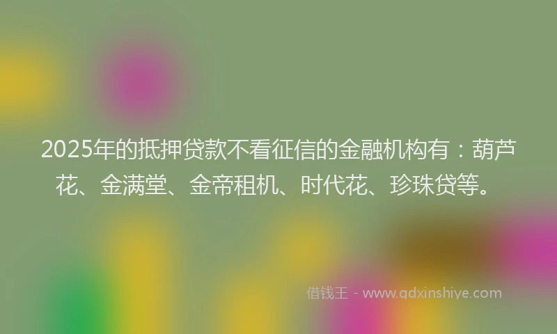 2025年的抵押贷款不看征信的金融机构有：葫芦花、金满堂、金帝租机、时代花、珍珠贷等。