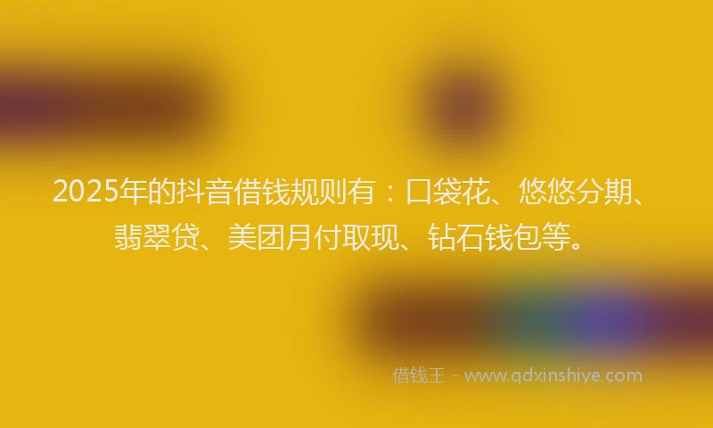 2025年的抖音借钱规则有：口袋花、悠悠分期、翡翠贷、美团月付取现、钻石钱包等。