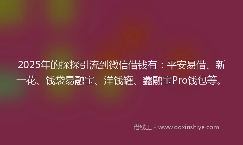 2025年的探探引流到微信借钱有：平安易借、新一花、钱袋易融宝、洋钱罐、鑫融宝Pro钱包等。