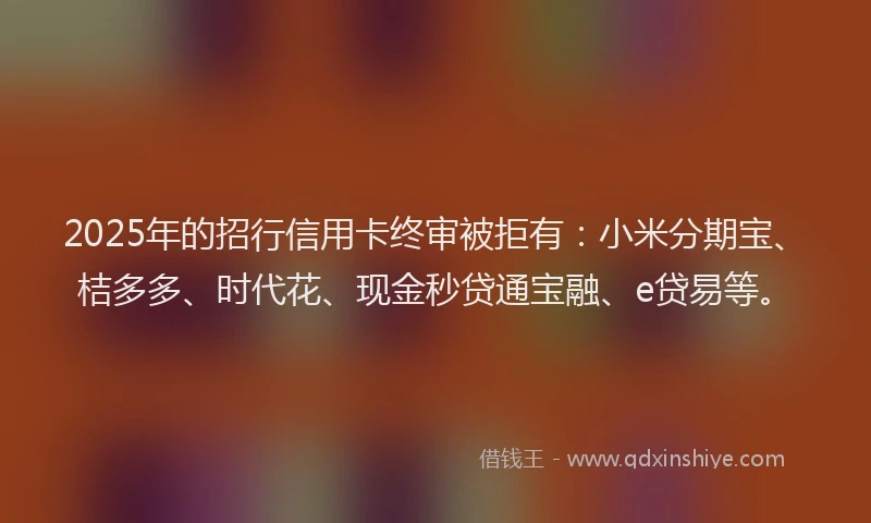 2025年的招行信用卡终审被拒有：小米分期宝、桔多多、时代花、现金秒贷通宝融、e贷易等。