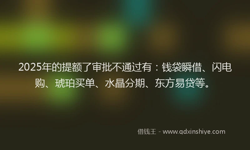 2025年的提额了审批不通过有：钱袋瞬借、闪电购、琥珀买单、水晶分期、东方易贷等。