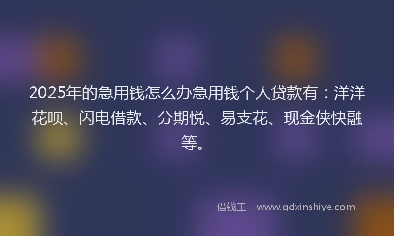 2025年的急用钱怎么办急用钱个人贷款有：洋洋花呗、闪电借款、分期悦、易支花、现金侠快融等。