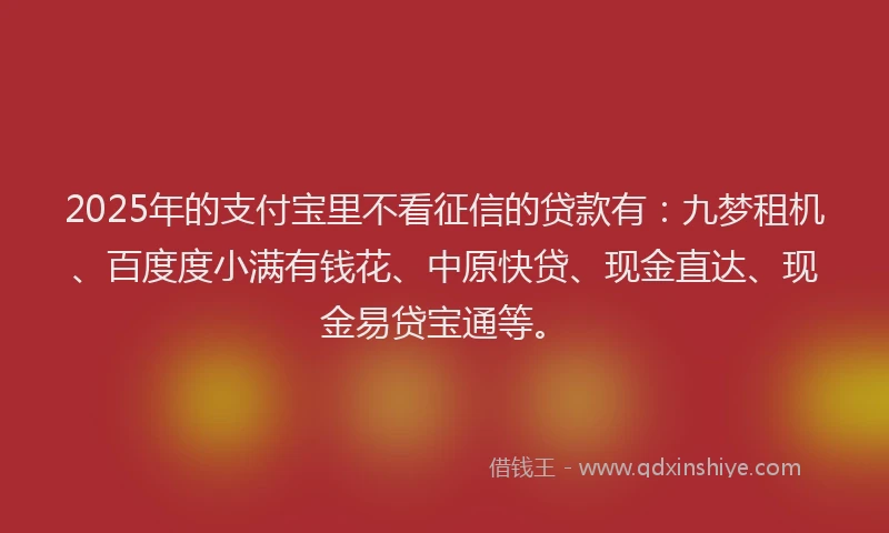 2025年的支付宝里不看征信的贷款有：九梦租机、百度度小满有钱花、中原快贷、现金直达、现金易贷宝通等。