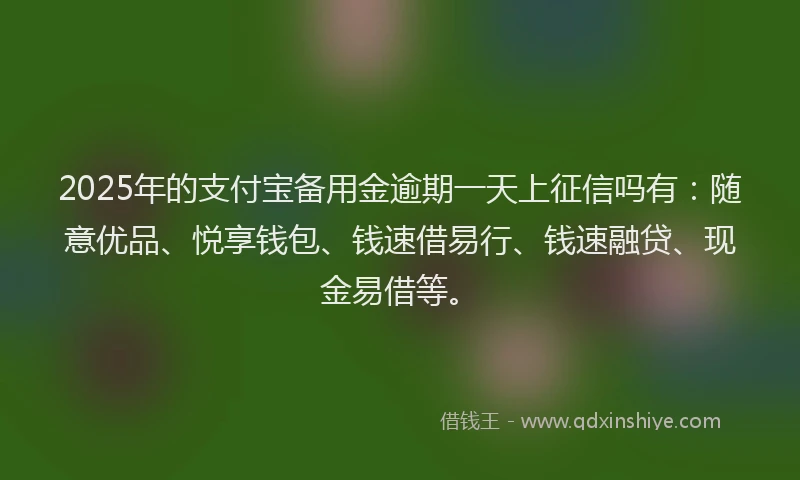 2025年的支付宝备用金逾期一天上征信吗有：随意优品、悦享钱包、钱速借易行、钱速融贷、现金易借等。
