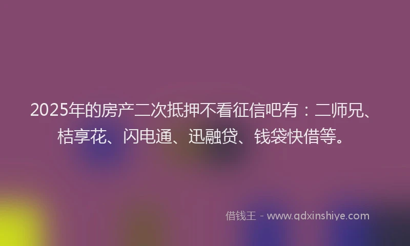 2025年的房产二次抵押不看征信吧有：二师兄、桔享花、闪电通、迅融贷、钱袋快借等。