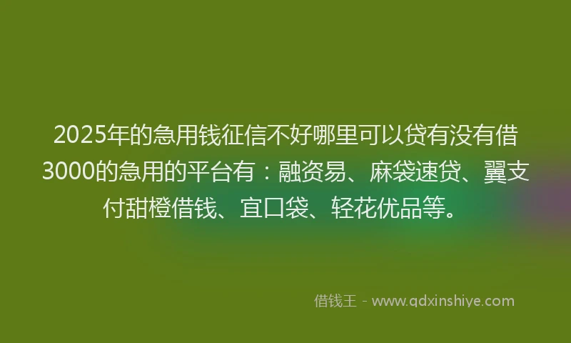 2025年的急用钱征信不好哪里可以贷有没有借3000的急用的平台有：融资易、麻袋速贷、翼支付甜橙借钱、宜口袋、轻花优品等。