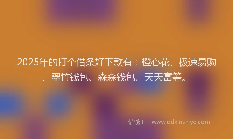 2025年的打个借条好下款有：橙心花、极速易购、翠竹钱包、森森钱包、天天富等。